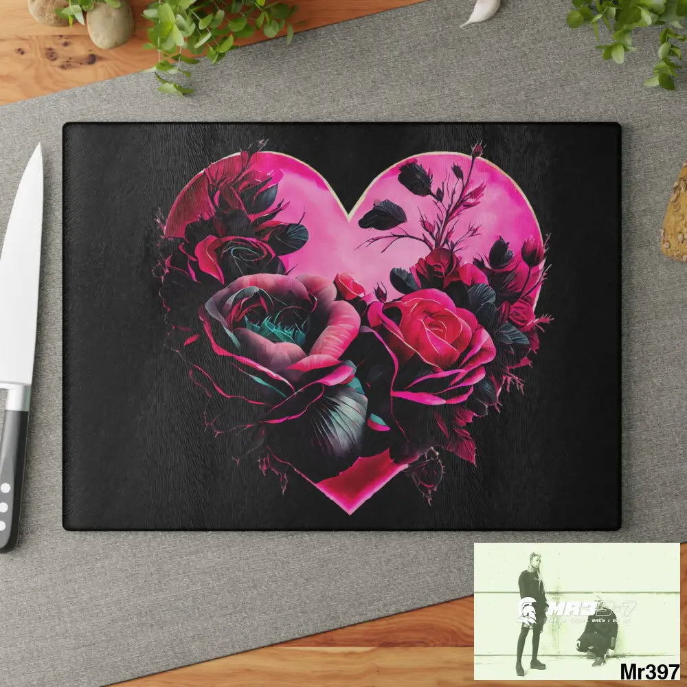 Heart made of Roses & Black accents Glass Cutting Board Home Decor