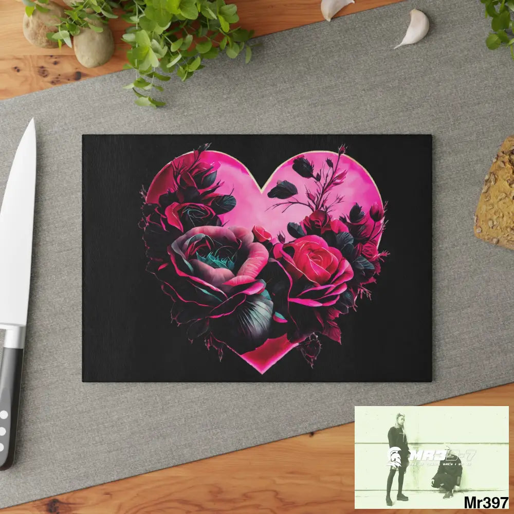 Heart made of Roses & Black accents Glass Cutting Board Home Decor