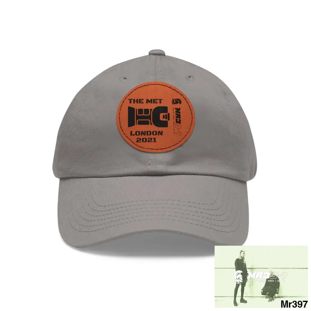London 2021 The Met taser Mr39 Dad Hat with Leather Patch (Round) Grey / Light Brown patch / Circle / One size Hats