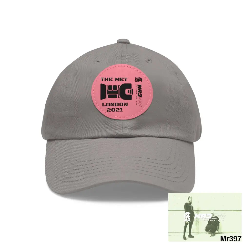London 2021 The Met taser Mr39 Dad Hat with Leather Patch (Round) Grey / Pink patch / Circle / One size Hats