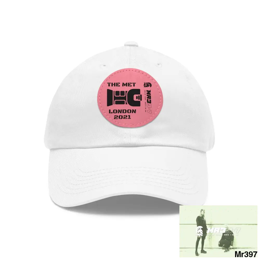 London 2021 The Met taser Mr39 Dad Hat with Leather Patch (Round) White / Pink patch / Circle / One size Hats