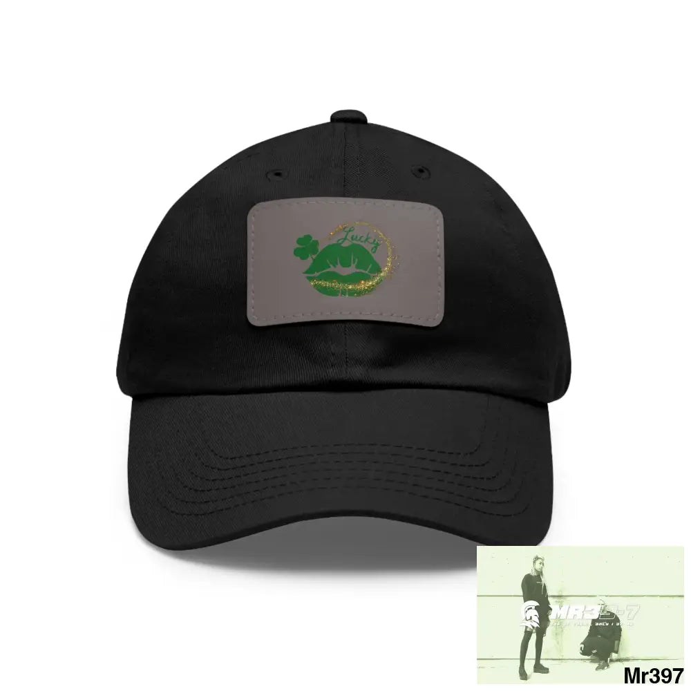 Lucky Irish Dad Hat with Leather Patch (Rectangle) Black / Grey patch / Rectangle / One size Hats
