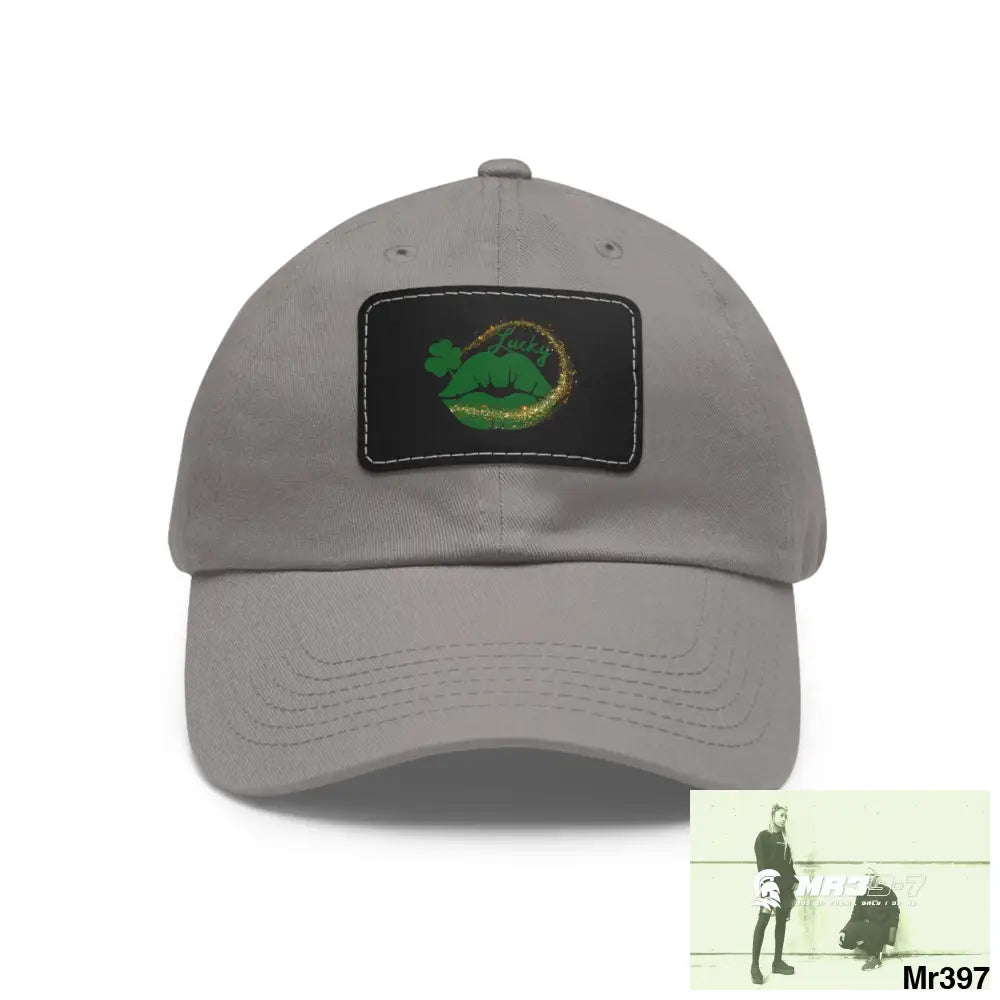 Lucky Irish Dad Hat with Leather Patch (Rectangle) Grey / Black patch / Rectangle / One size Hats