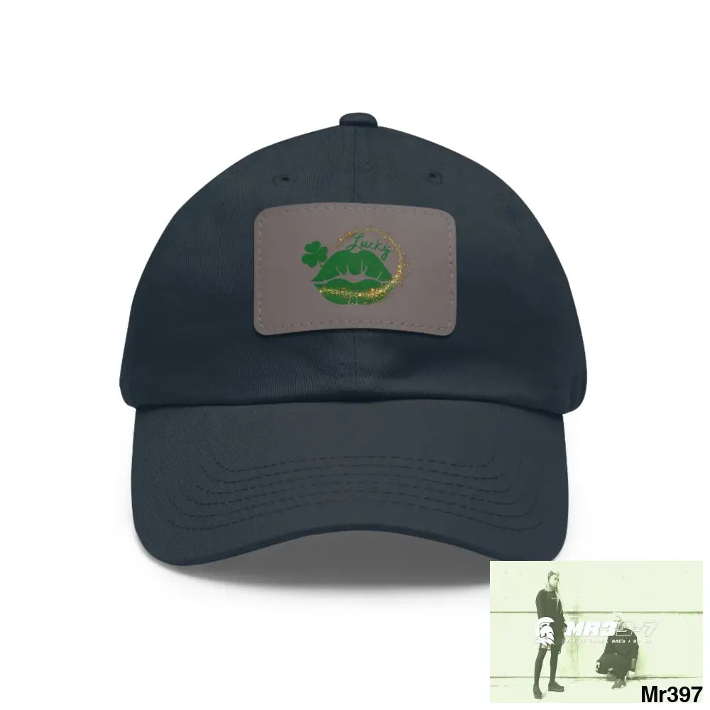 Lucky Irish Dad Hat with Leather Patch (Rectangle) Navy / Grey patch / Rectangle / One size Hats