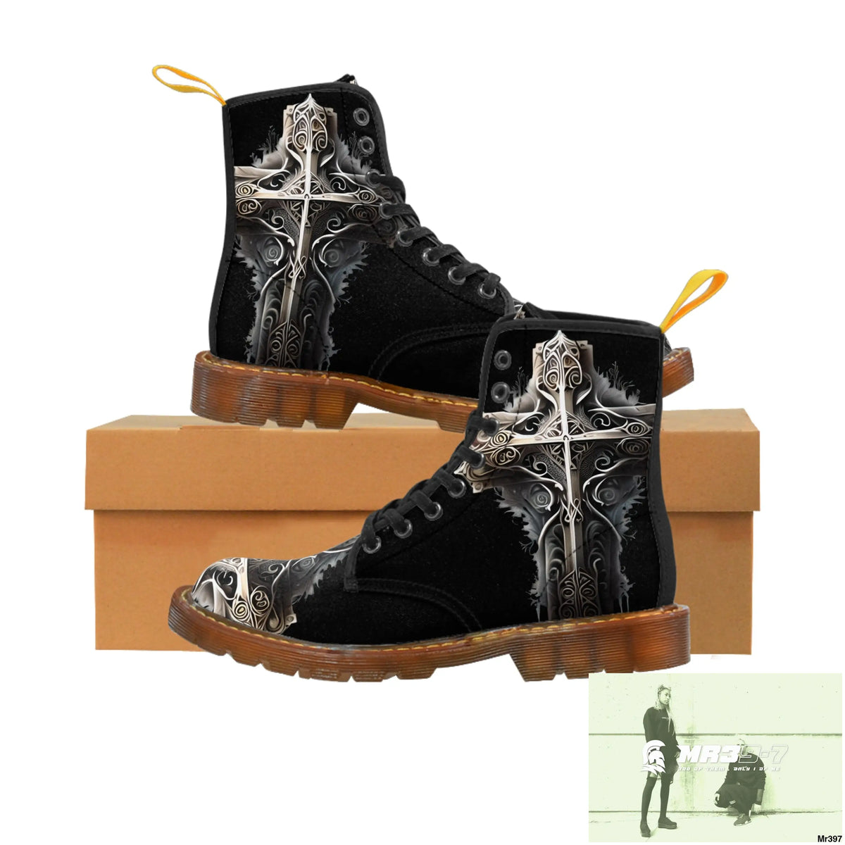 Metallic Gothic Cross Mens Canvas Boots US 7 / Brown sole Shoes