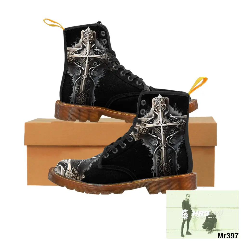 Metallic Gothic Cross Mens Canvas Boots US 7 / Brown sole Shoes