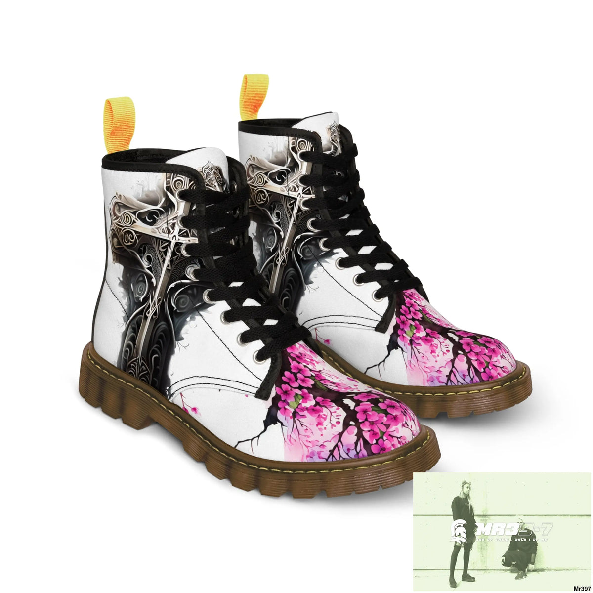 Metallic Gothic Cross with Pink Butterfly on ornamental cherry tree Women’s Canvas Boots Shoes