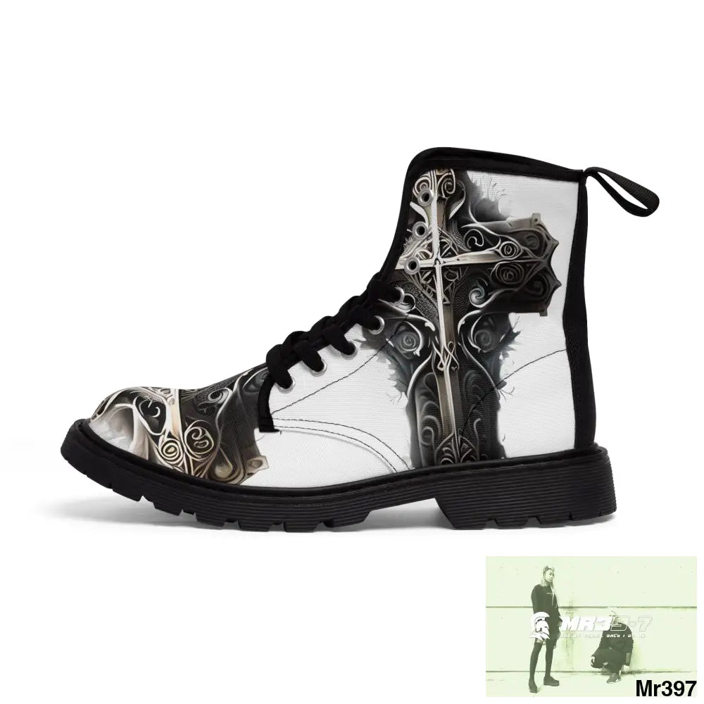 Metallic Gothic Cross with Pink Butterfly on ornamental cherry tree Women’s Canvas Boots Shoes