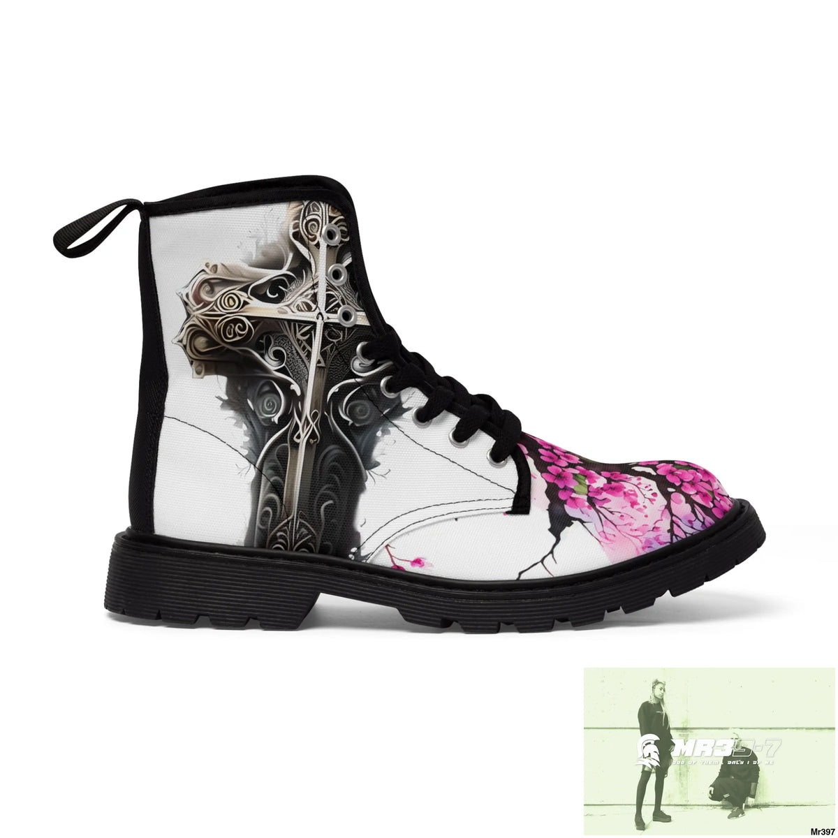 Metallic Gothic Cross with Pink Butterfly on ornamental cherry tree Women’s Canvas Boots Shoes
