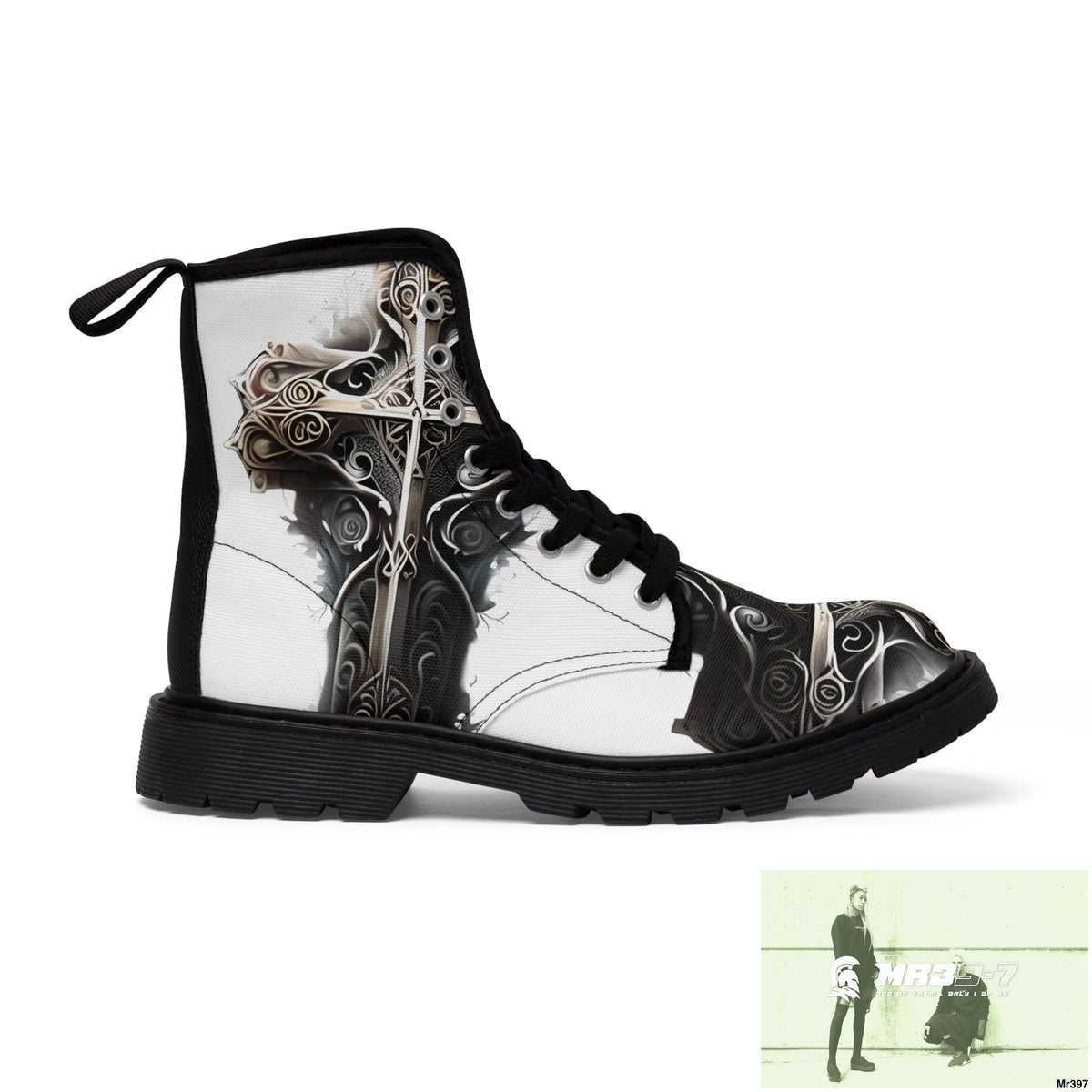 Metallic Gothic Cross with Pink Butterfly on ornamental cherry tree Women’s Canvas Boots Shoes