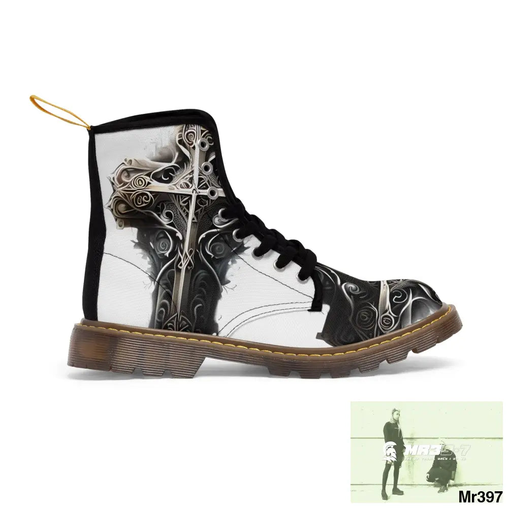 Metallic Gothic Cross with Pink Butterfly on ornamental cherry tree Women’s Canvas Boots Shoes