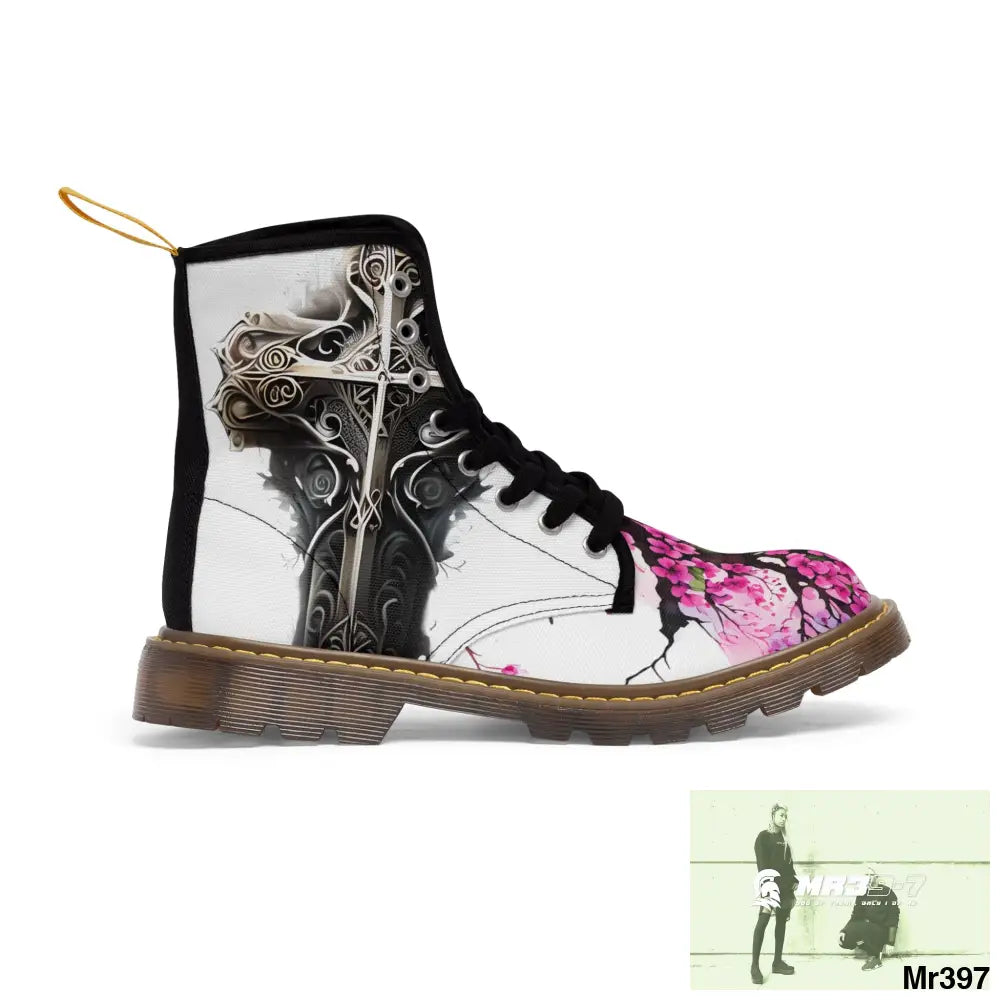 Metallic Gothic Cross with Pink Butterfly on ornamental cherry tree Women’s Canvas Boots Shoes