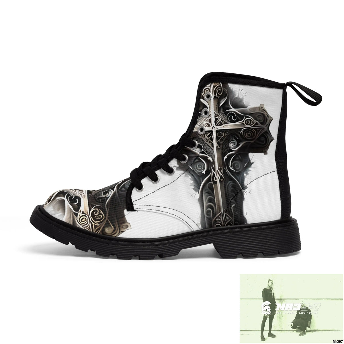 Metallic Gothic Cross with Pink Butterfly on ornamental cherry tree Women’s Canvas Boots Shoes