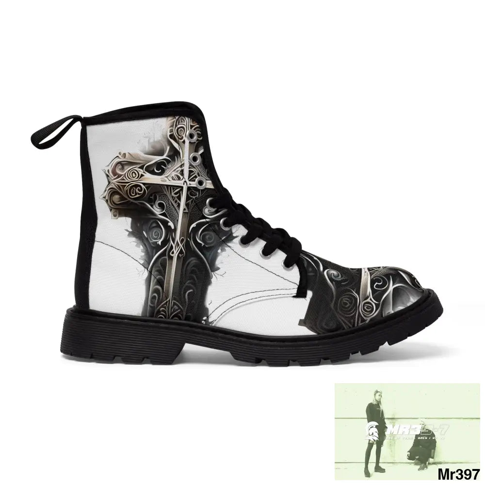 Metallic Gothic Cross with Pink Butterfly on ornamental cherry tree Women’s Canvas Boots Shoes