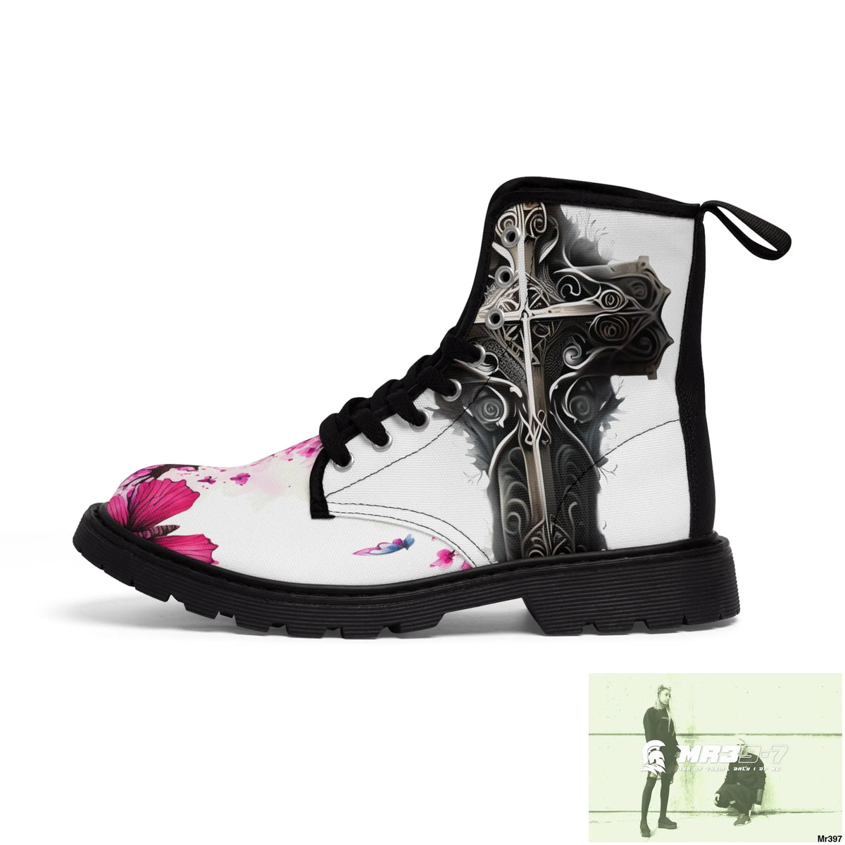 Metallic Gothic Cross with Pink Butterfly on ornamental cherry tree Women’s Canvas Boots Shoes