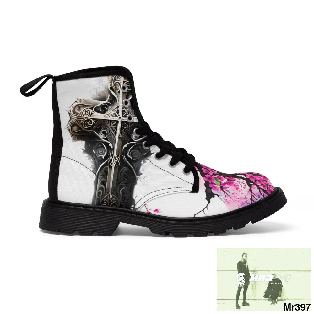 Metallic Gothic Cross with Pink Butterfly on ornamental cherry tree Women’s Canvas Boots Shoes