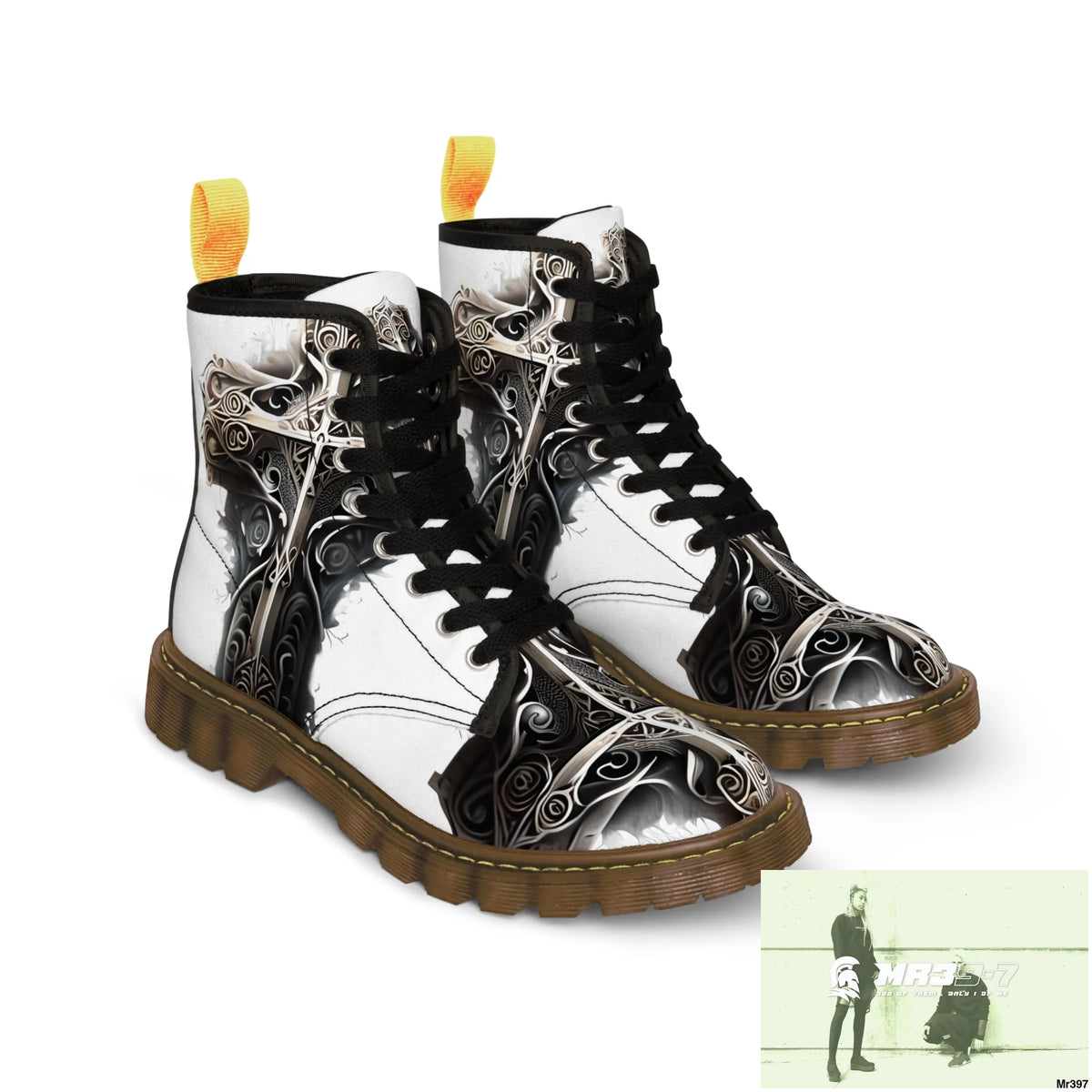 Metallic Gothic Cross with Pink Butterfly on ornamental cherry tree Women’s Canvas Boots Shoes