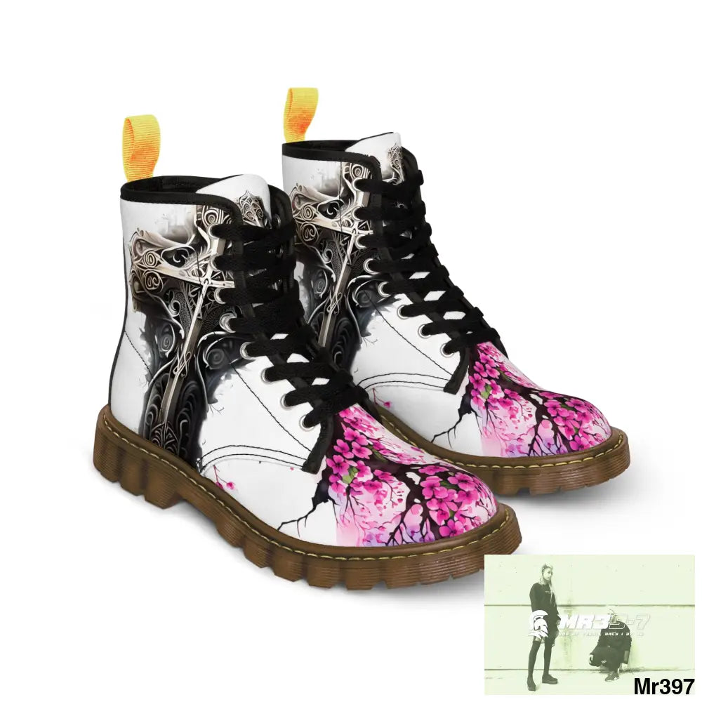 Metallic Gothic Cross with Pink Butterfly on ornamental cherry tree Women’s Canvas Boots Shoes