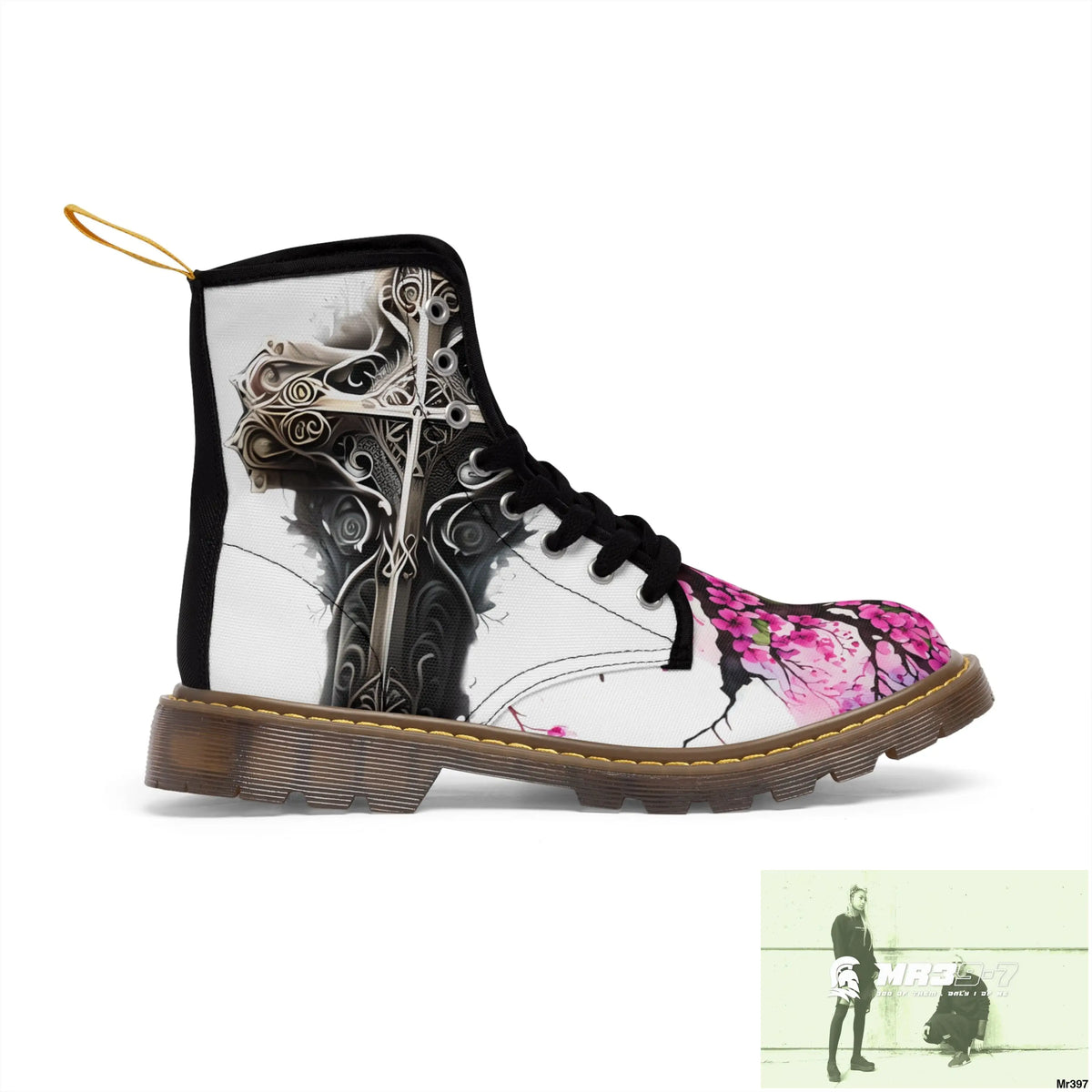 Metallic Gothic Cross with Pink Butterfly on ornamental cherry tree Women’s Canvas Boots Shoes