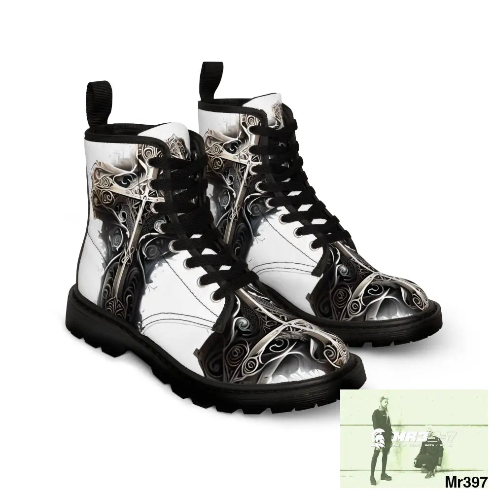 Metallic Gothic Cross with Pink Butterfly on ornamental cherry tree Women’s Canvas Boots Shoes