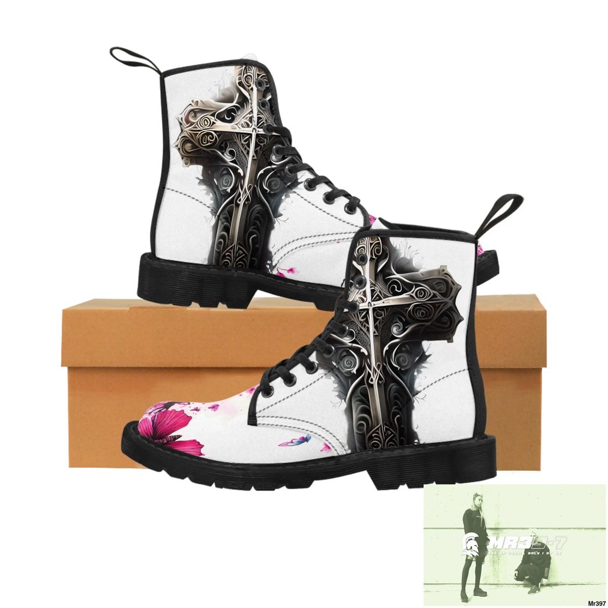 Metallic Gothic Cross with Pink Butterfly on ornamental cherry tree Women’s Canvas Boots US 6.5 / Black sole Shoes