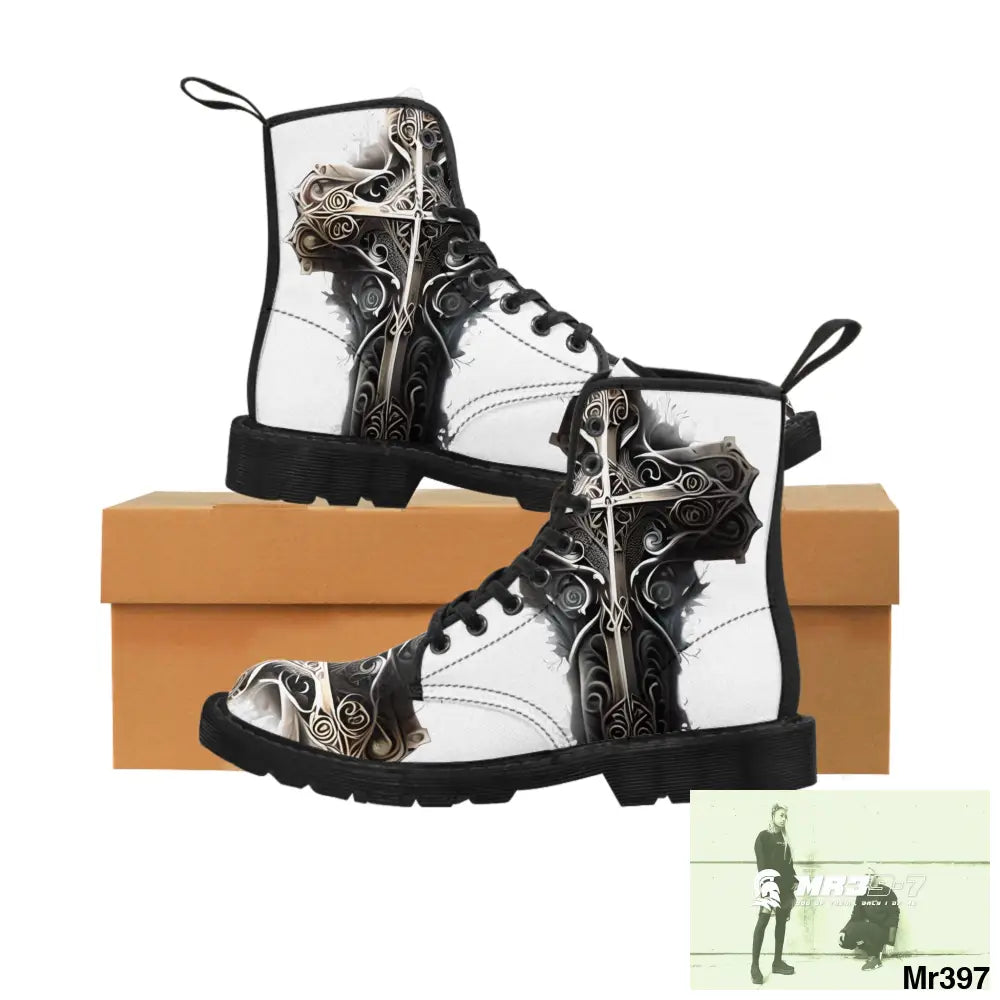 Metallic Gothic Cross with Pink Butterfly on ornamental cherry tree Women’s Canvas Boots US 6.5 / Black sole Shoes