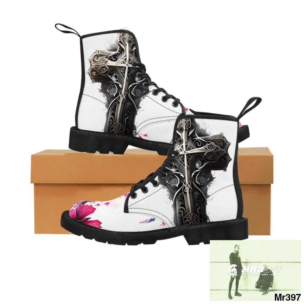 Metallic Gothic Cross with Pink Butterfly on ornamental cherry tree Women’s Canvas Boots US 6.5 / Black sole Shoes