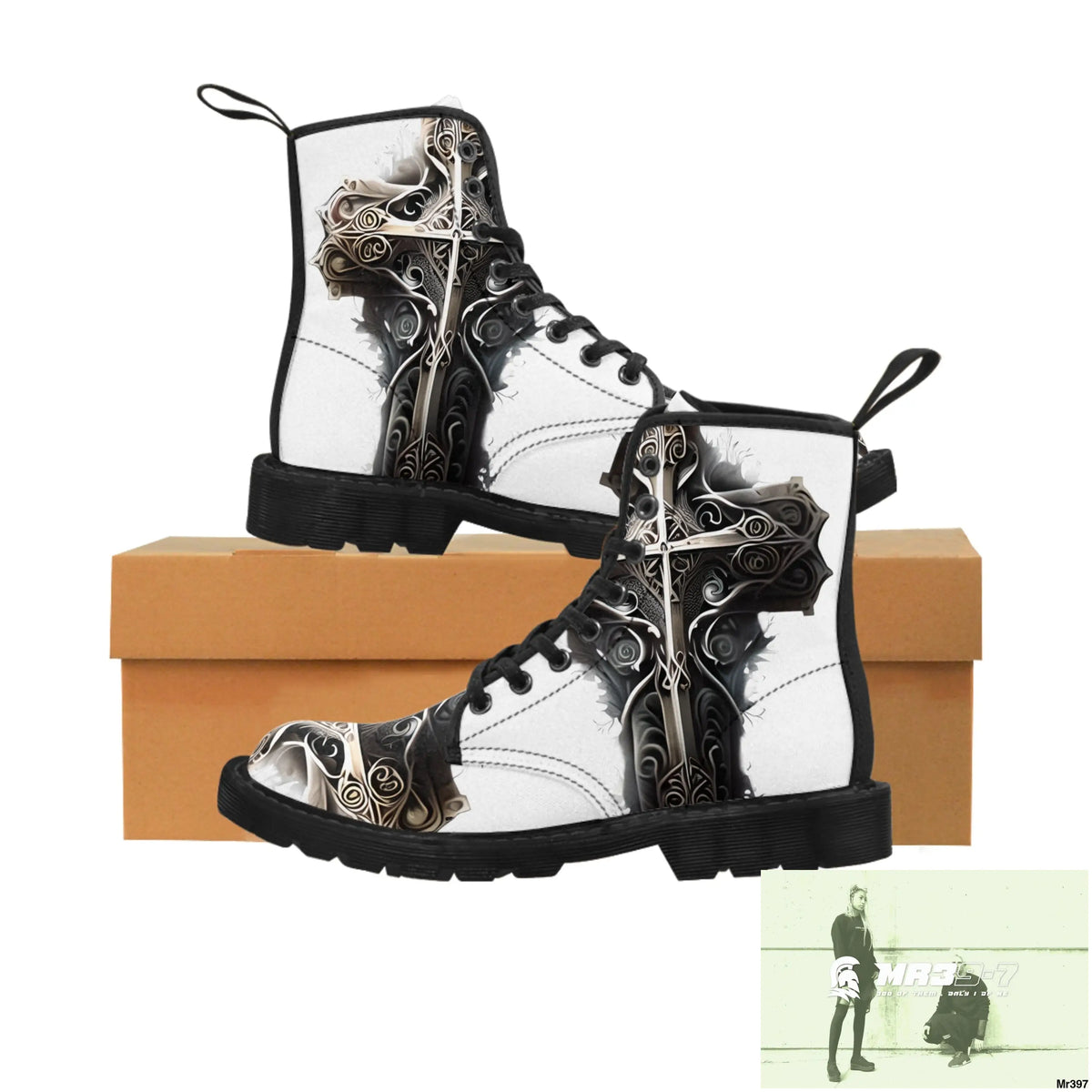 Metallic Gothic Cross with Pink Butterfly on ornamental cherry tree Women’s Canvas Boots US 6.5 / Black sole Shoes