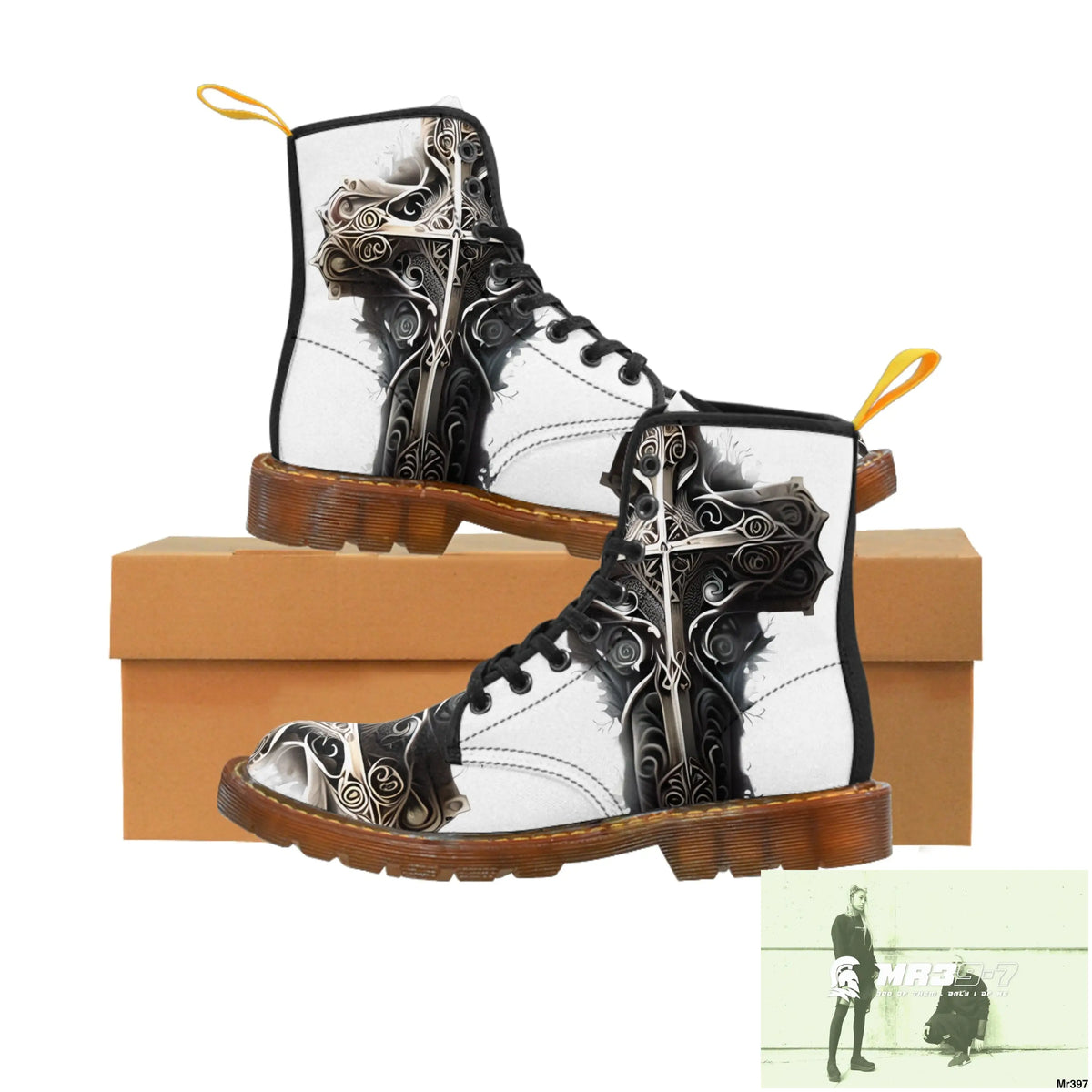 Metallic Gothic Cross with Pink Butterfly on ornamental cherry tree Women’s Canvas Boots US 6.5 / Brown sole Shoes