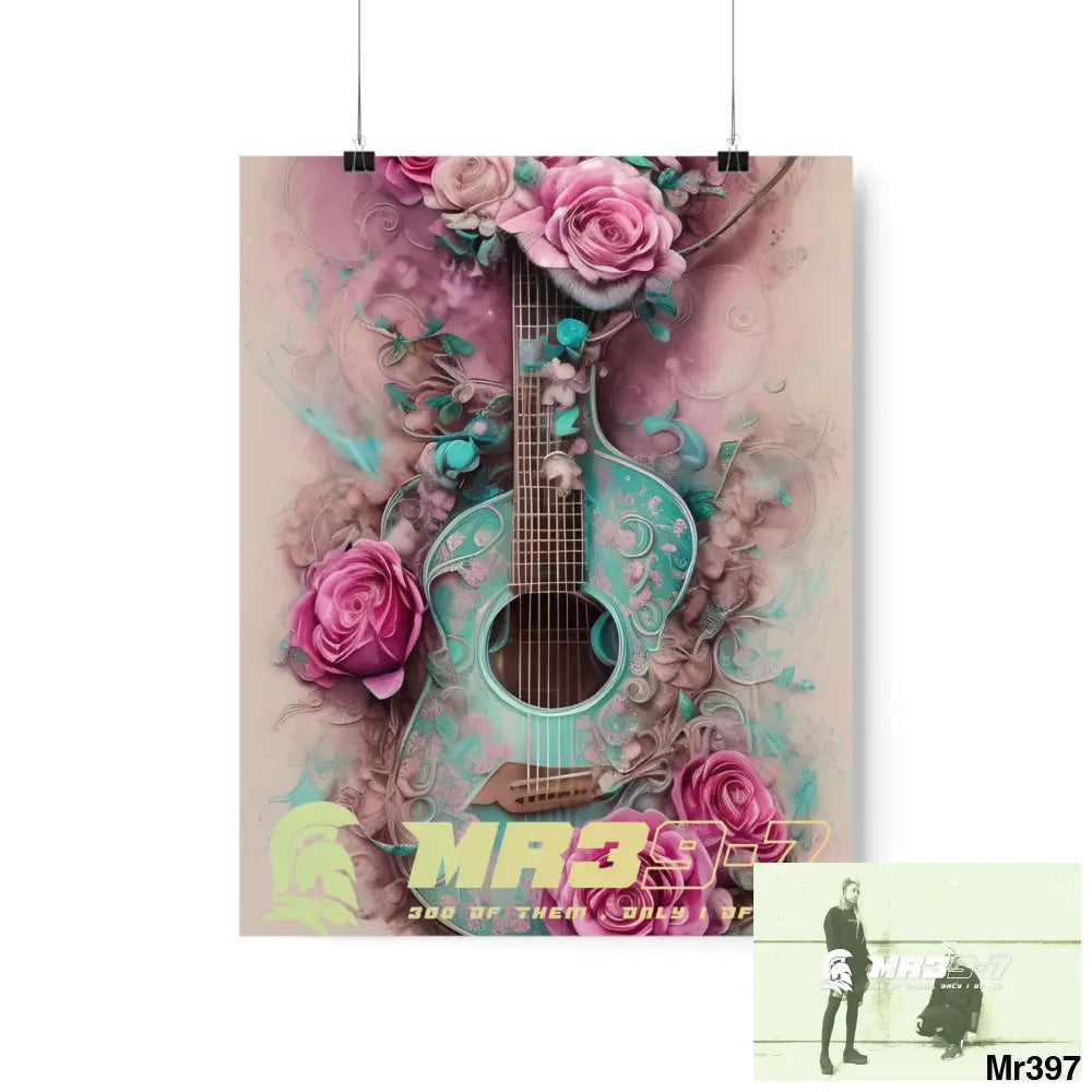 MR 39 A guitar with pink roses and guitar Matte Vertical Posters 11″ x 14″ / Matte Poster