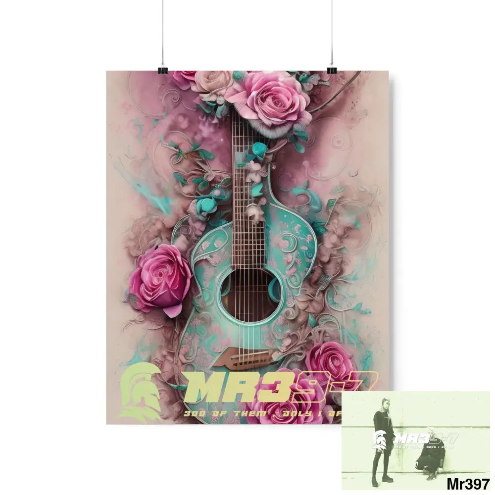 MR 39 A guitar with pink roses and guitar Matte Vertical Posters 16″ x 20″ / Matte Poster