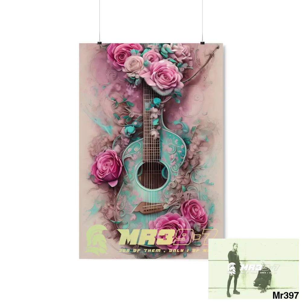 MR 39 A guitar with pink roses and guitar Matte Vertical Posters 20″ x 30″ / Matte Poster