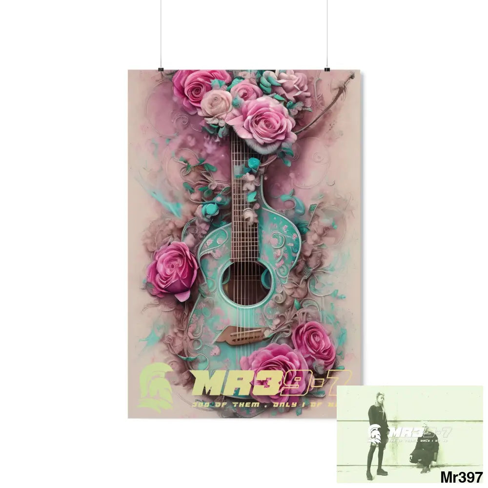 MR 39 A guitar with pink roses and guitar Matte Vertical Posters 24″ x 36″ / Matte Poster