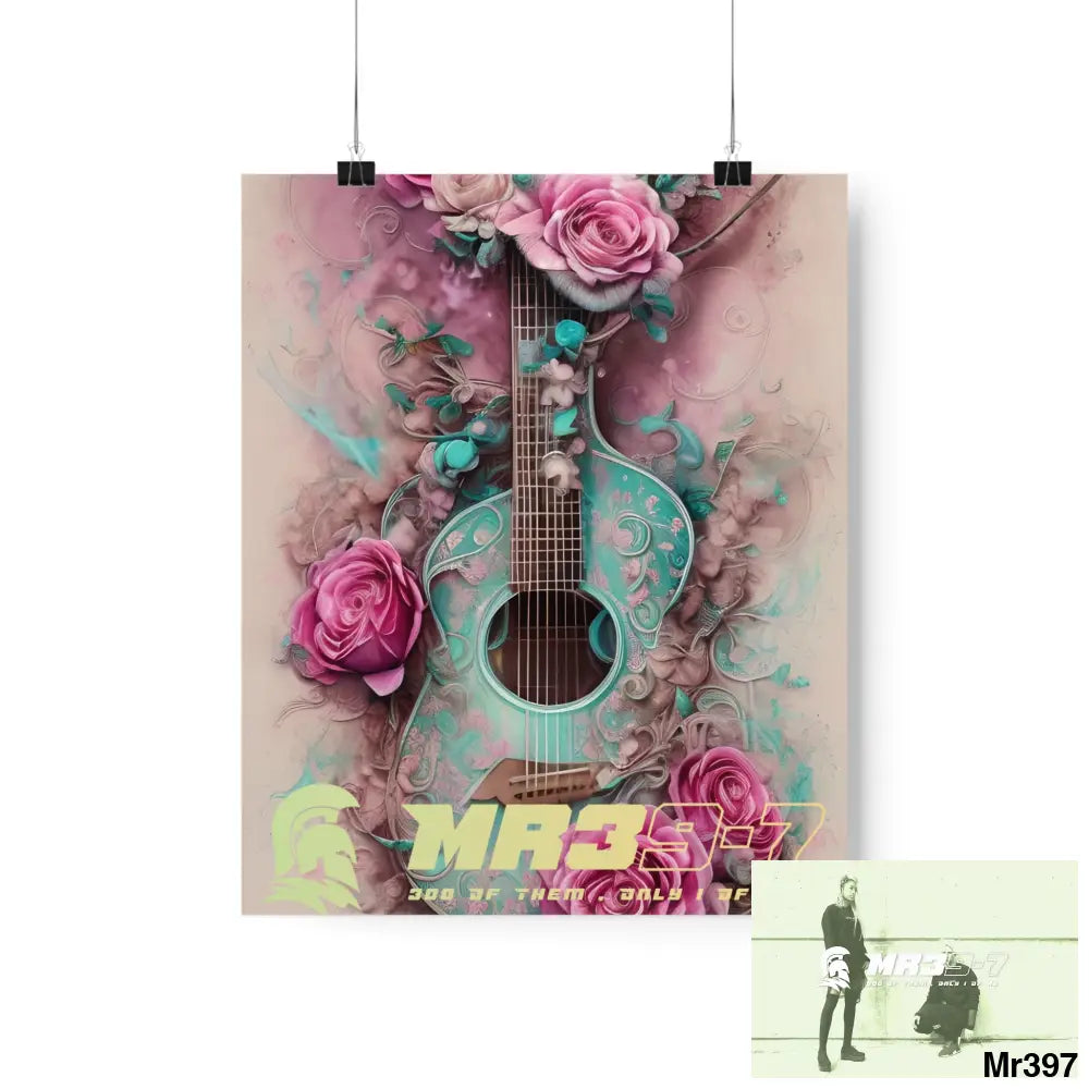 MR 39 A guitar with pink roses and guitar Matte Vertical Posters 9’’ x 11’’ / Matte Poster