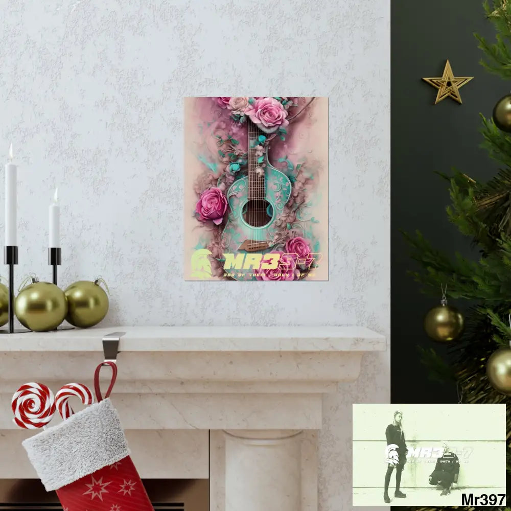 MR 39 A guitar with pink roses and guitar Matte Vertical Posters Poster