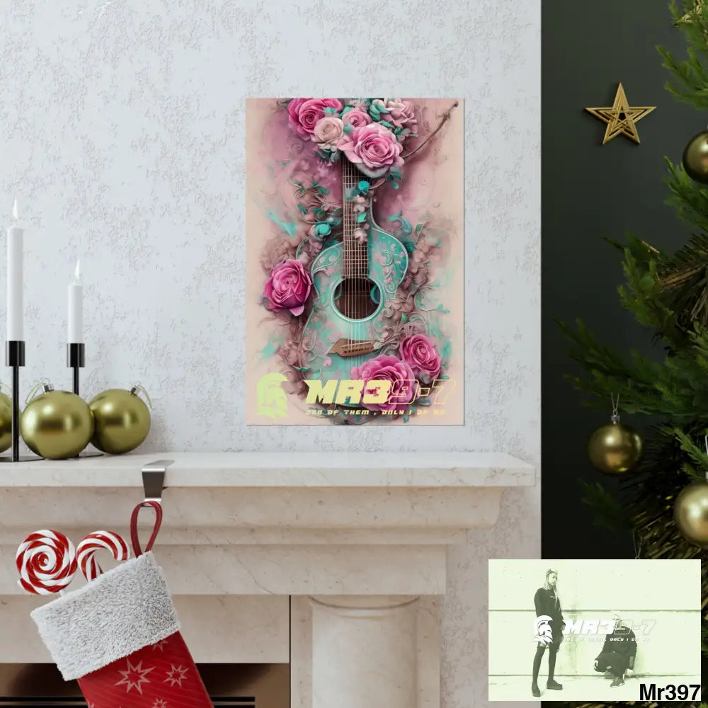 MR 39 A guitar with pink roses and guitar Matte Vertical Posters Poster