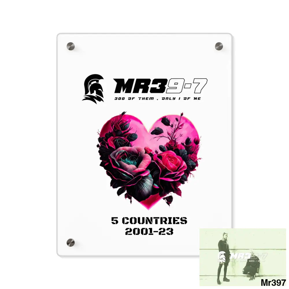 MR39-7 5 Countries 2001-23 Heart made of pink roses with black accents Acrylic Wall Art Panels 11″ x 14″ (Vertical)