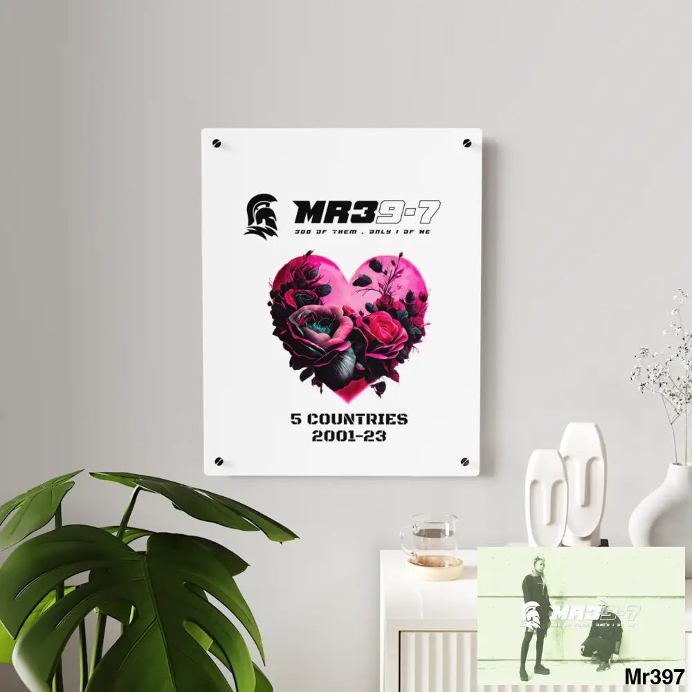MR39-7 5 Countries 2001-23 Heart made of pink roses with black accents Acrylic Wall Art Panels Home Decor