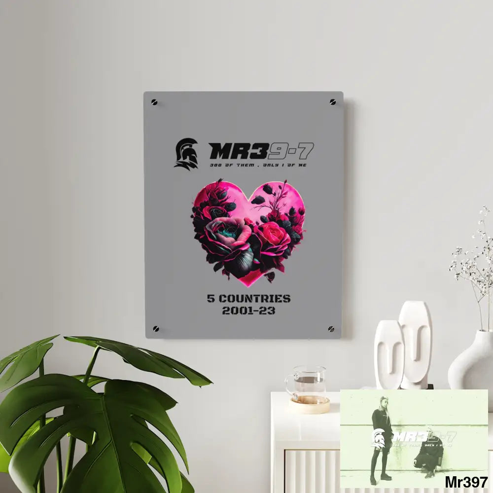 MR39-7 5 Countries 2001-23 Heart made of pink roses with black accents Acrylic Wall Art Panels Home Decor