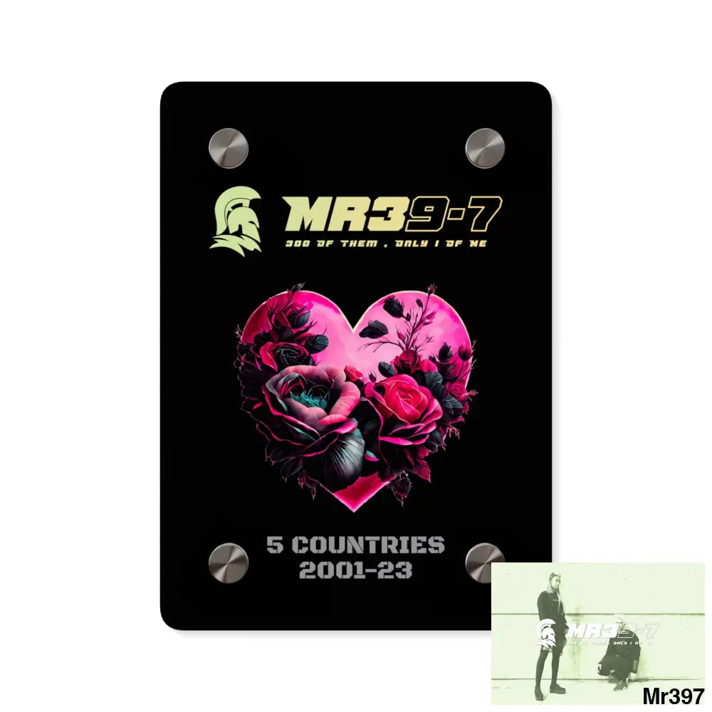 MR39-7 5 Countries 2001-23 Heart made of pink roses with black accents Acrylic Wall Art Panels 5’’ x 7’’ (Vertical)