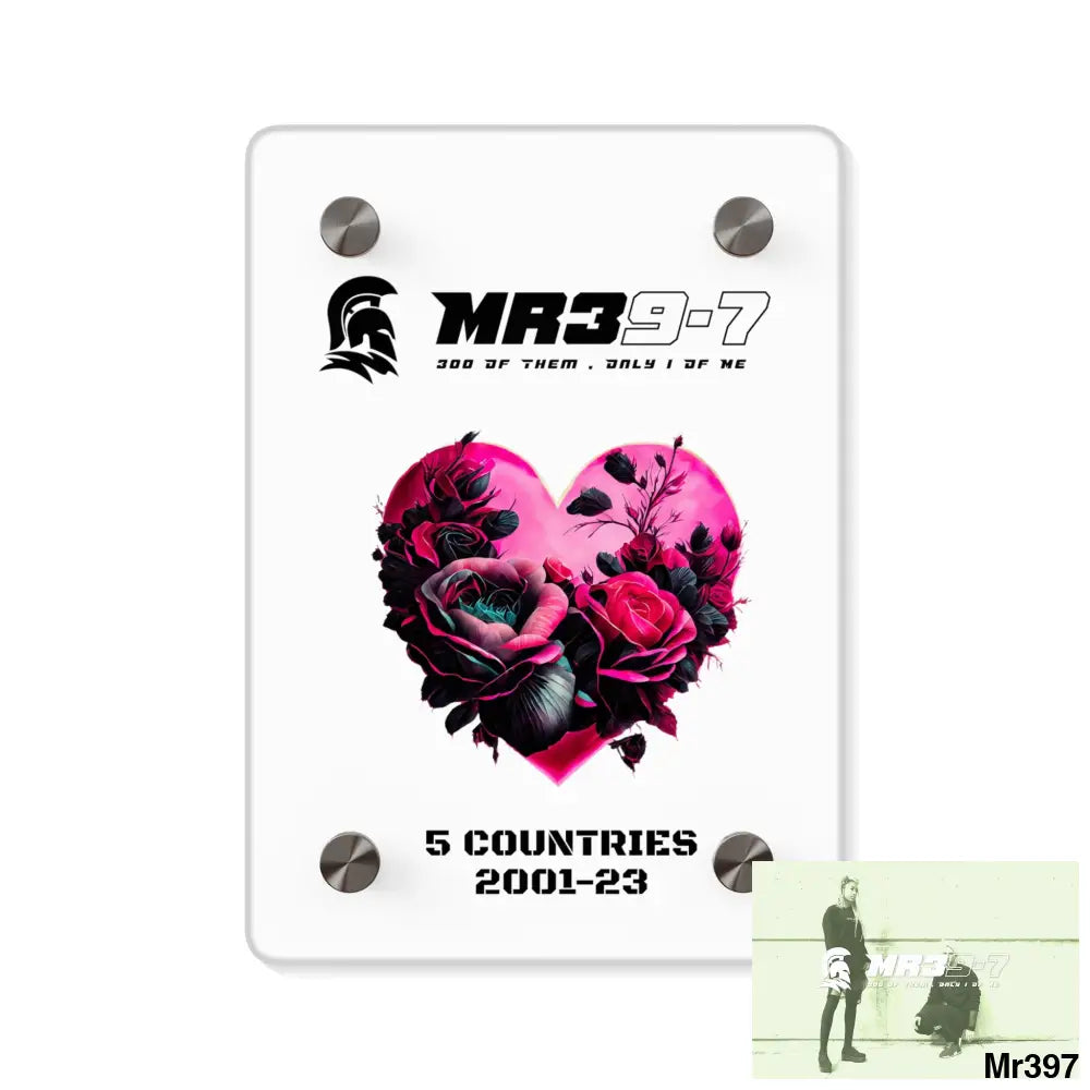 MR39-7 5 Countries 2001-23 Heart made of pink roses with black accents Acrylic Wall Art Panels 5’’ x 7’’ (Vertical)