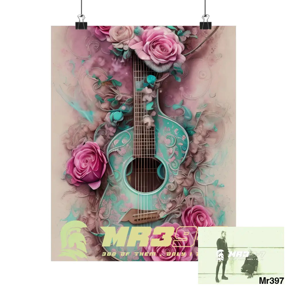 MR39-7 A guitar with pink roses and guitar Matte Vertical Posters 11″ x 14″ / Matte Poster