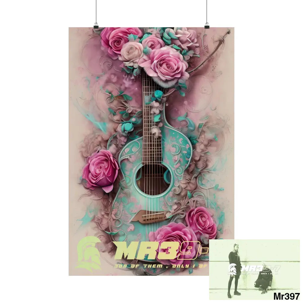 MR39-7 A guitar with pink roses and guitar Matte Vertical Posters 24″ x 36″ / Matte Poster