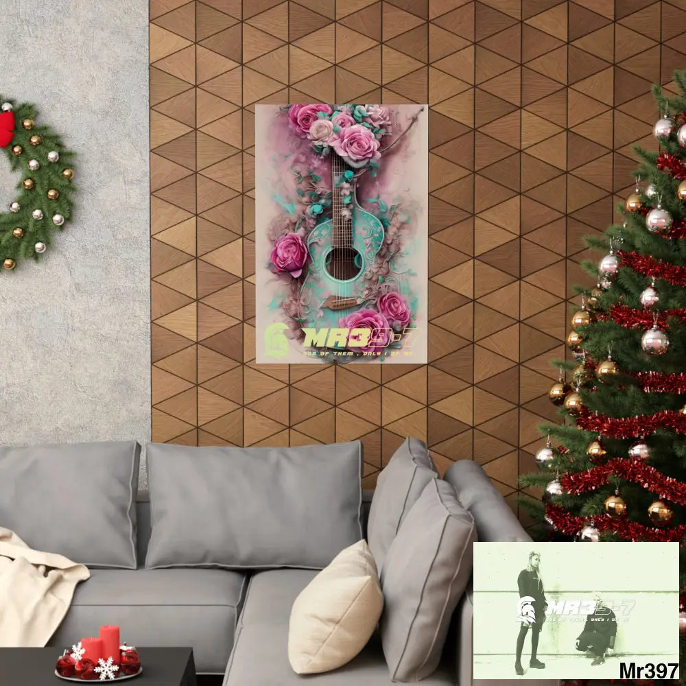 MR39-7 A guitar with pink roses and guitar Matte Vertical Posters Poster
