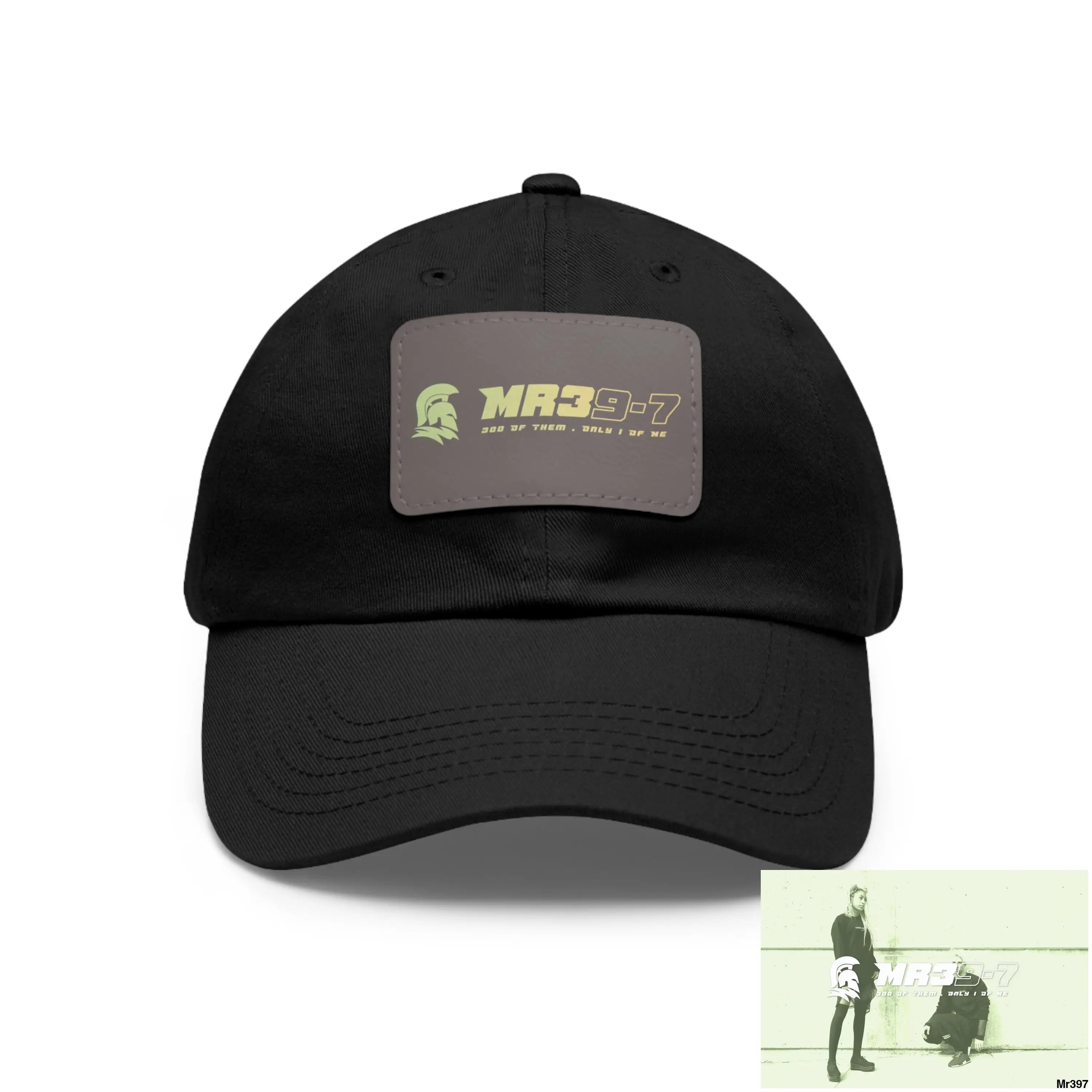 MR39-7 Dad Hat with Leather Patch (Rectangle) Black / Grey patch / Rectangle / One size Hats