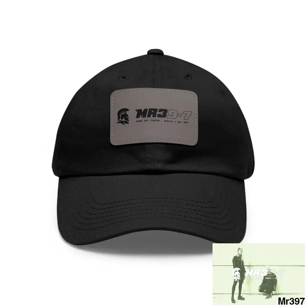 MR39-7 Dad Hat with Leather Patch (Rectangle) Black / Grey patch / Rectangle / One size Hats