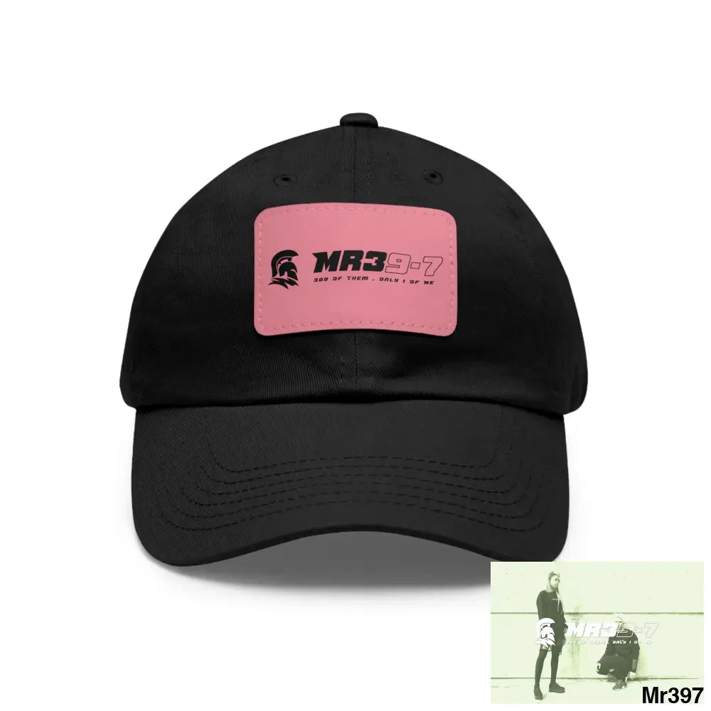 MR39-7 Dad Hat with Leather Patch (Rectangle) Black / Pink patch / Rectangle / One size Hats