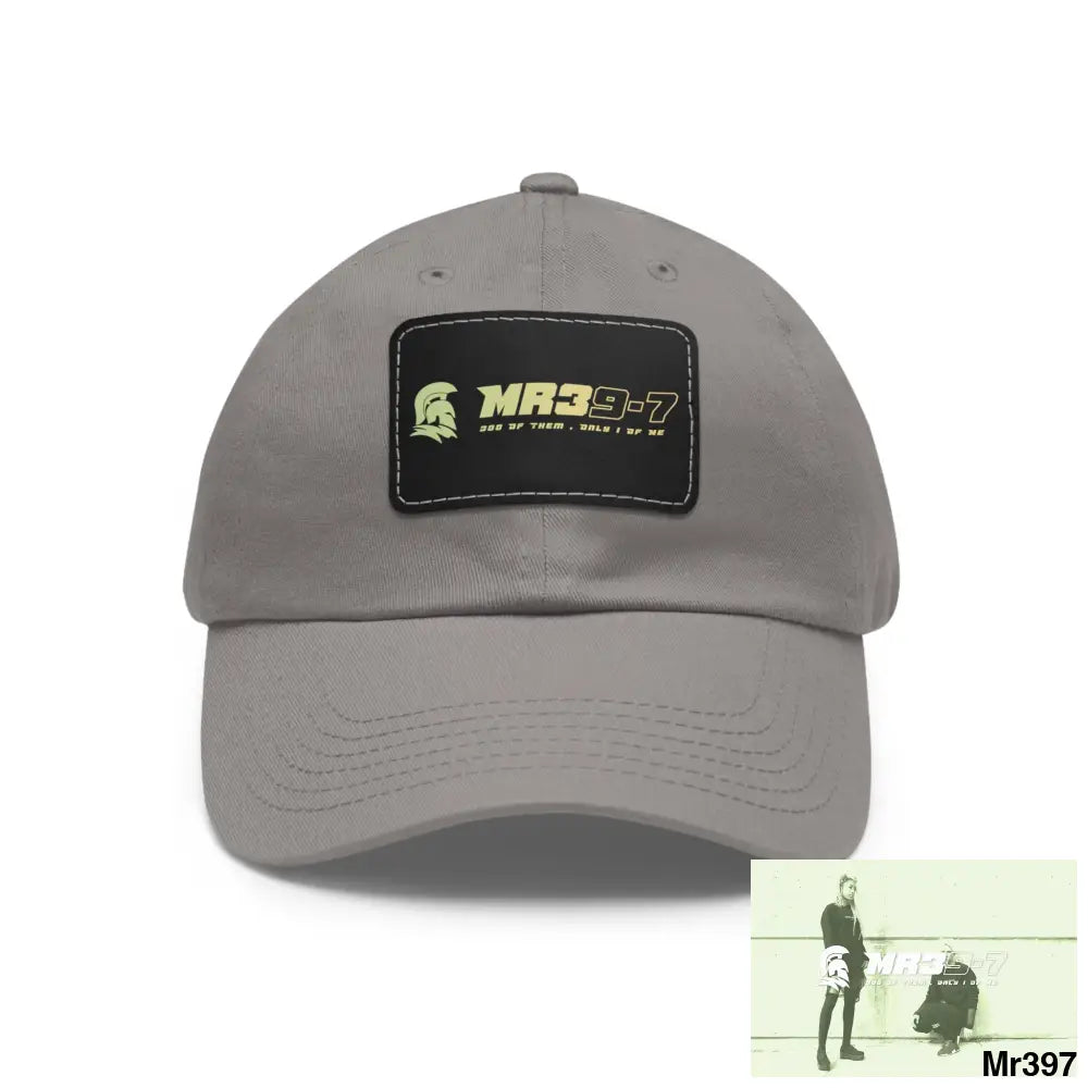 MR39-7 Dad Hat with Leather Patch (Rectangle) Grey / Black patch / Rectangle / One size Hats