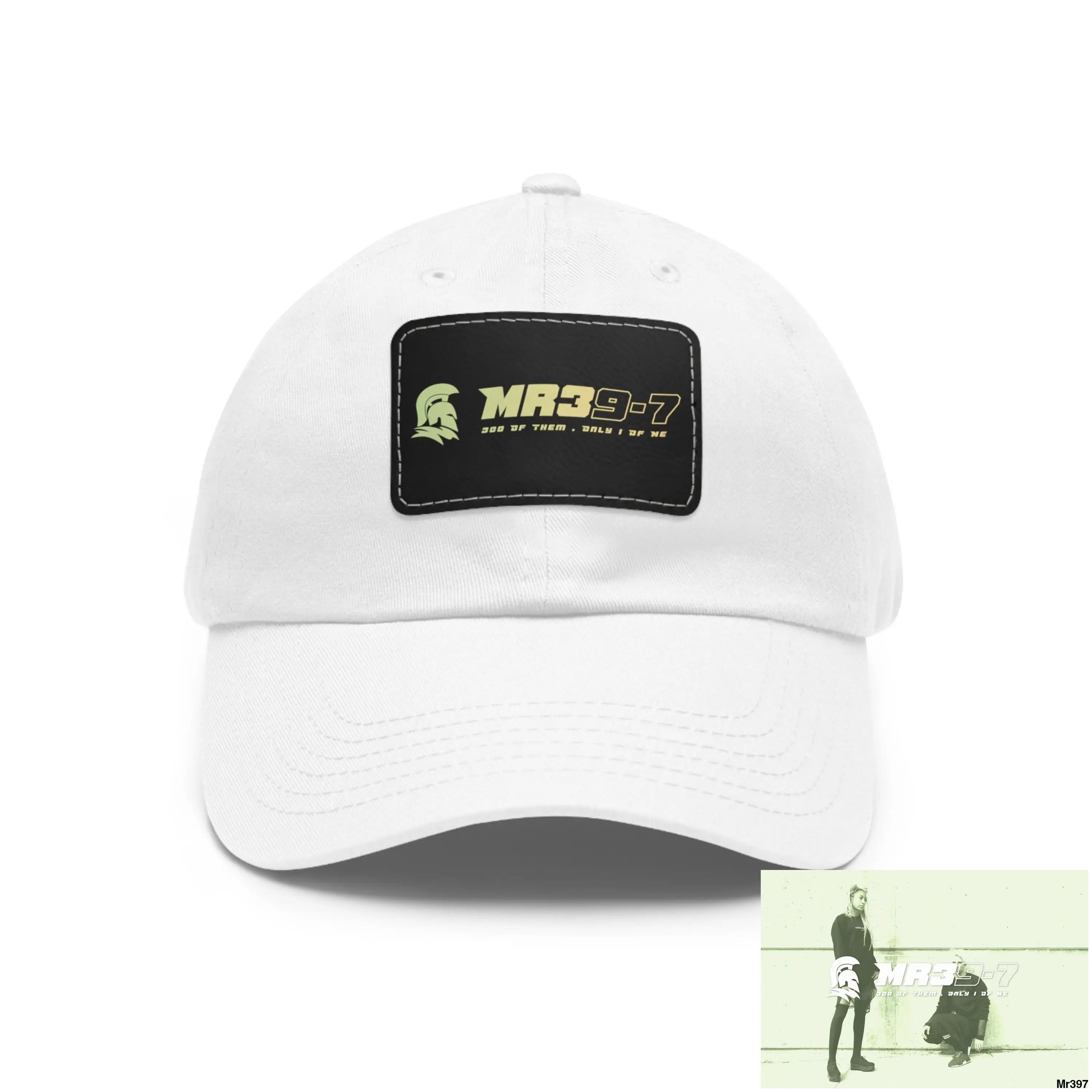 MR39-7 Dad Hat with Leather Patch (Rectangle) White / Black patch / Rectangle / One size Hats