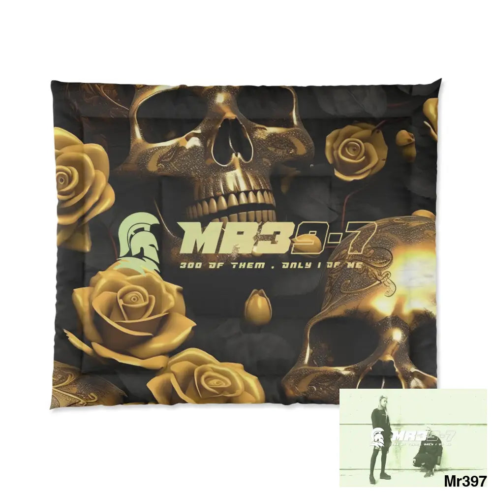 MR39-7 Gold Skulls & Roses Comforter 104’’ × 88’’ Home Decor